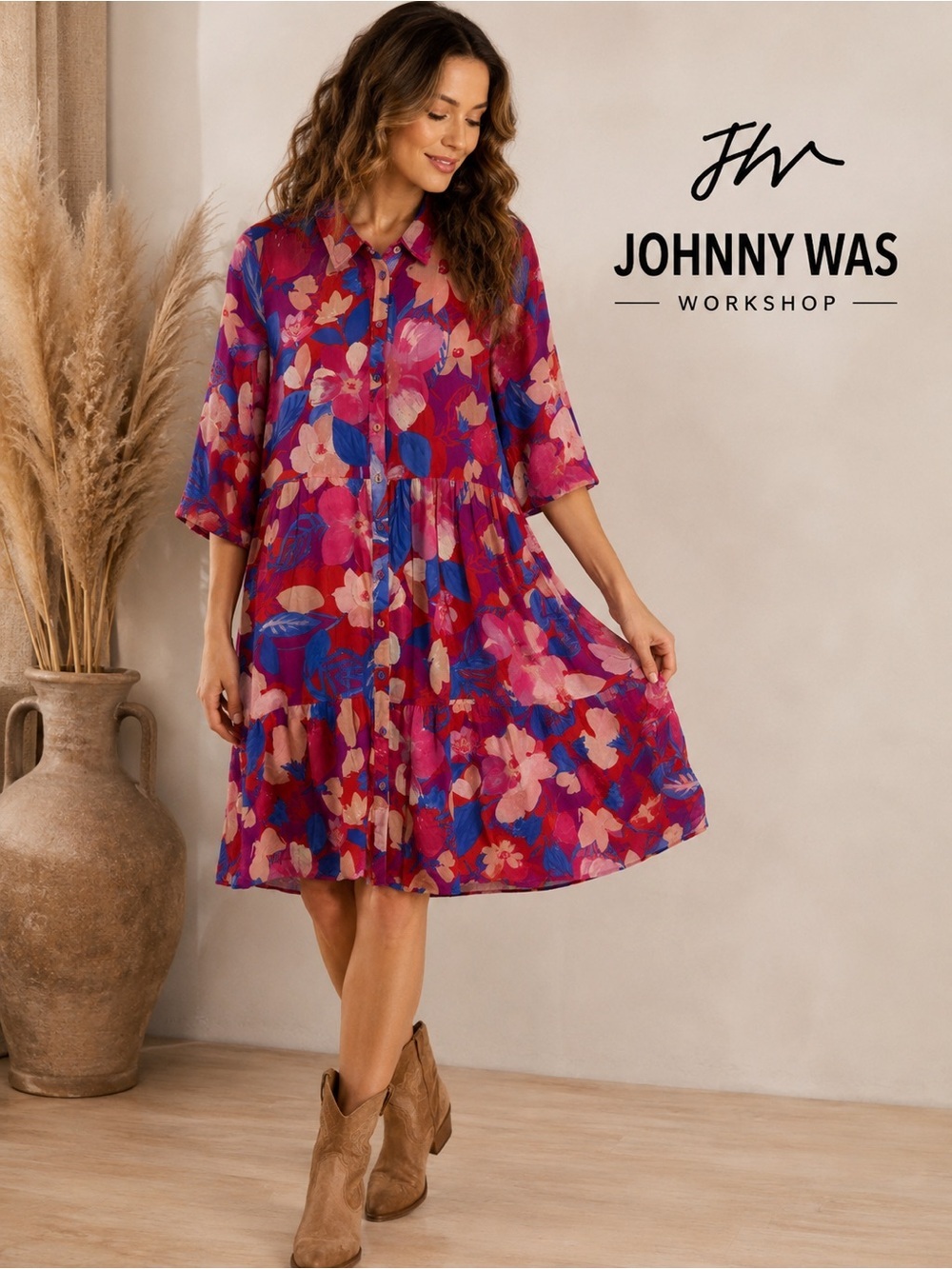 Johnny Was Workshop Floral Button Front Shirt Dress Size M Boho